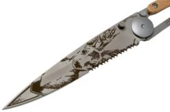 Deejo Wood One-Hand 37g Deer, Juniper Wood 1CB000546 Serrated Pocket Knife -Knife Haven Sales DJ1CB000546 03 deejo