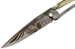 Deejo Tattoo Gold 27g, Yellow Gold Gilded, Latino Skull DJ9AM000021 Pocket Knife -Knife Haven Sales DJ9AM000021 03 deejo